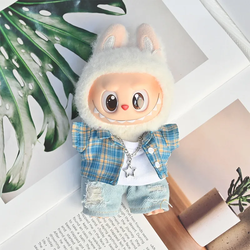 17 centimetri bambola blu camicia a quadri e foro strappato denim jeans set per labubu panni bambola vestiti di ricambio accessori giocattolo borsa per bambole