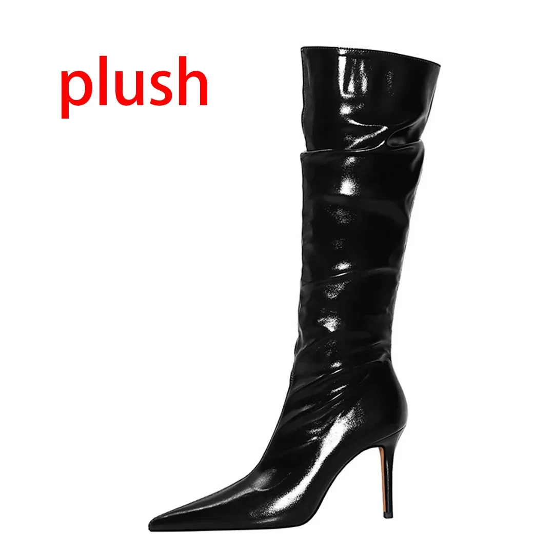 Black Wrinkled Pearlite Layer Knee-High Boots Women Point Head Mid Thin Heel Long Boots Winter Plush Boot Shoe for Women Fashion