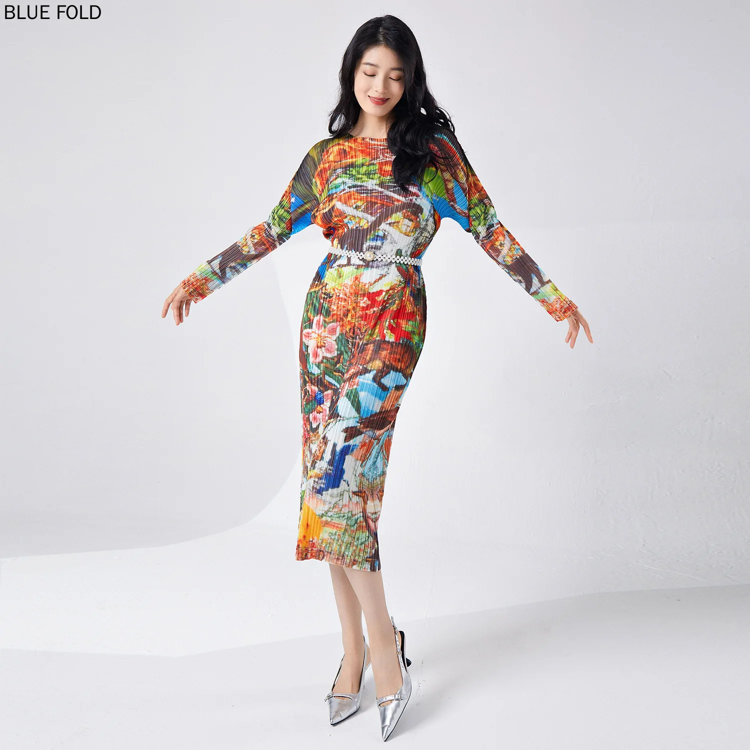 Miyake PLEATS Spring Women's Mid-Length Printed Round Neck Long Sleeve Fashion High-End Casual Versatile One-Step Dress Elegant