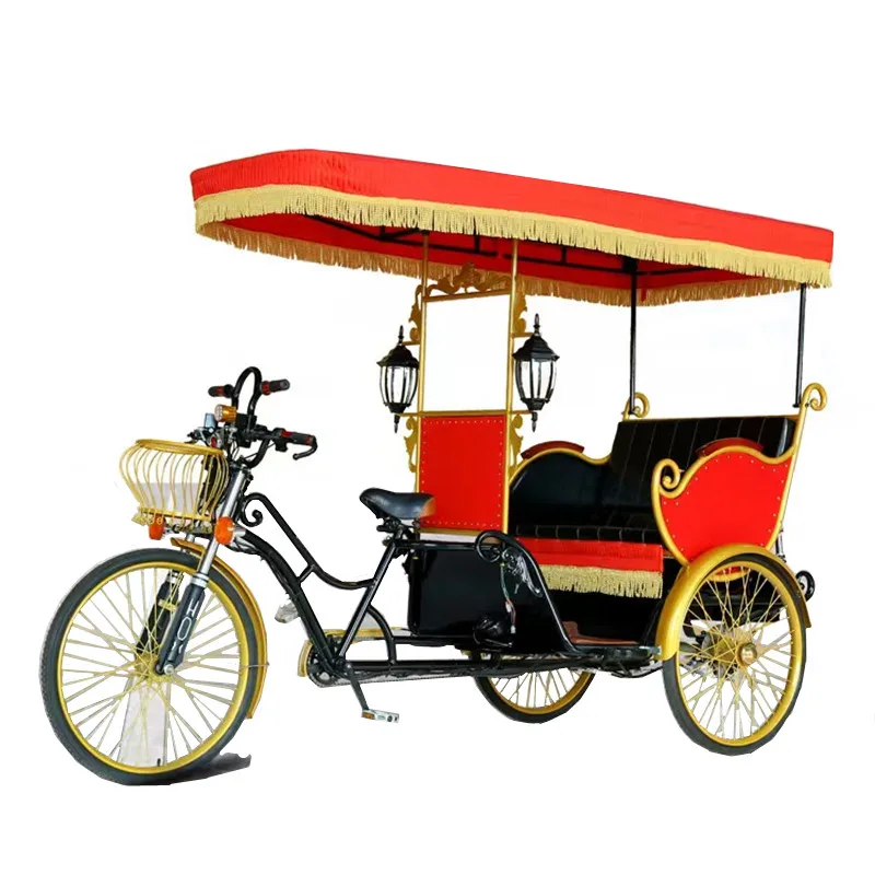 3 Wheel Vintage Pedal Boost Pedicab Electric Tricycle 4 Passengers Tourist Sightseeing Sightseeing Car Tandem Quad Bike ﻿