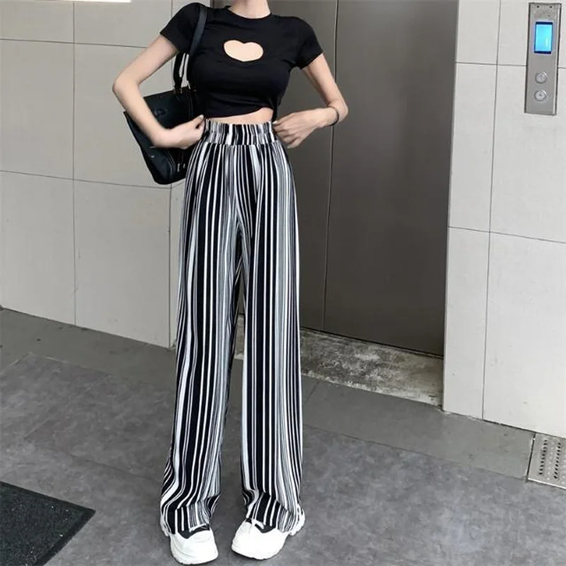 

2023 New Spring and Summer Fashion High Waist Slim Drop Straight Loose Relaxed Versatile Floor Stripe Pleated Wide Leg Pants