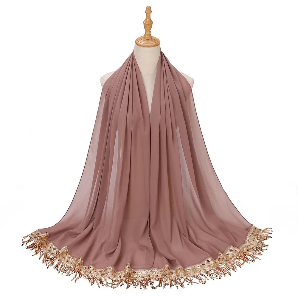 Neuer Pailletten-Quasten-Hijab Luxuriöse Chiffon-Schals Muslimischer Hijab Schlichte Lange Schals Damen Kopftuch Stirnband – Detail 8