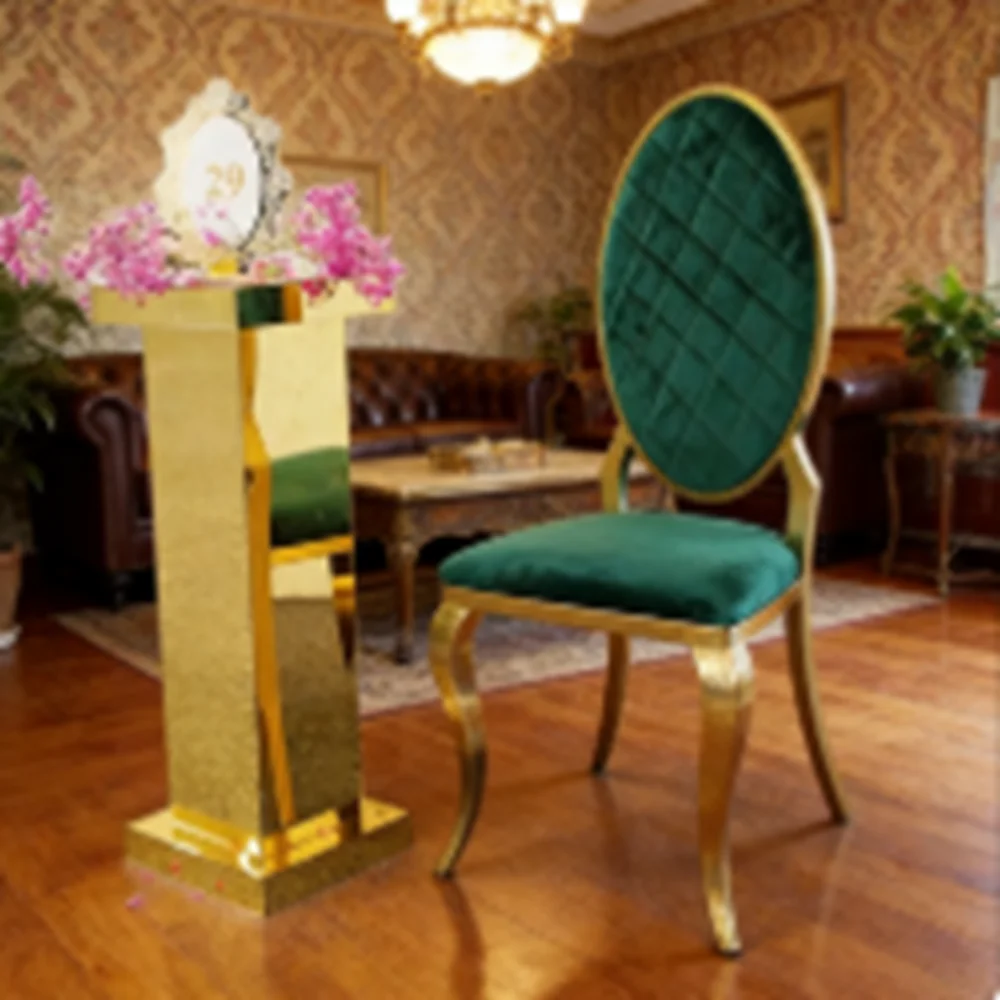 

Fancy Gold Wedding Chairs Modern Simple Oval Back Stainless Steel Dining Table Chairs Hotel Banquet Hall Dining Chairs