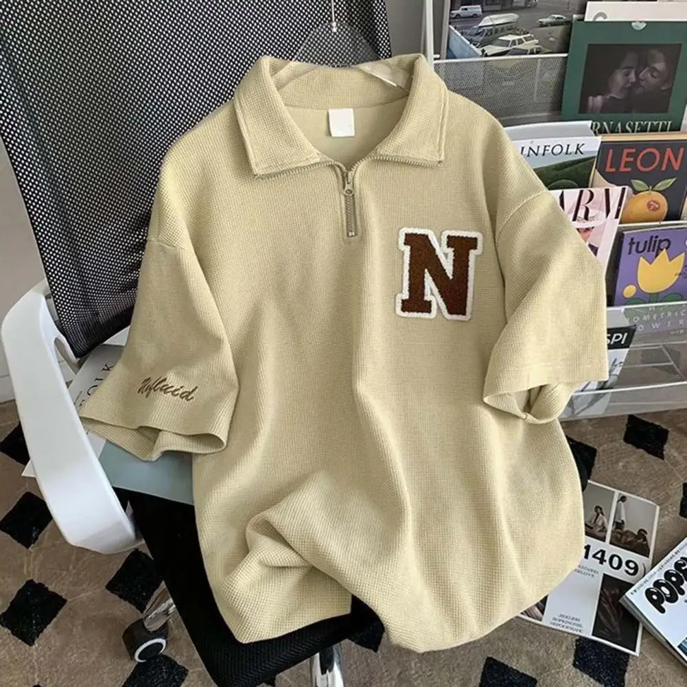 Waffle Texture Women T-shirt Shorts Set Zipper Neckline Letter Decor Men Women Loose T-shirt Shorts Jogger Outfit Sports Suit