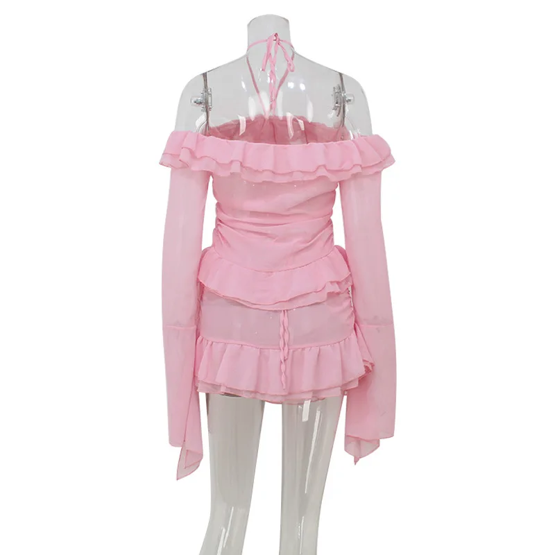 Pink Women Prom Dress 2 Pieces Skirt Set Sexy Halter Ruffle Full Sleeve Short Mini Party Gown Daily Casual Holiday Birthday Robe