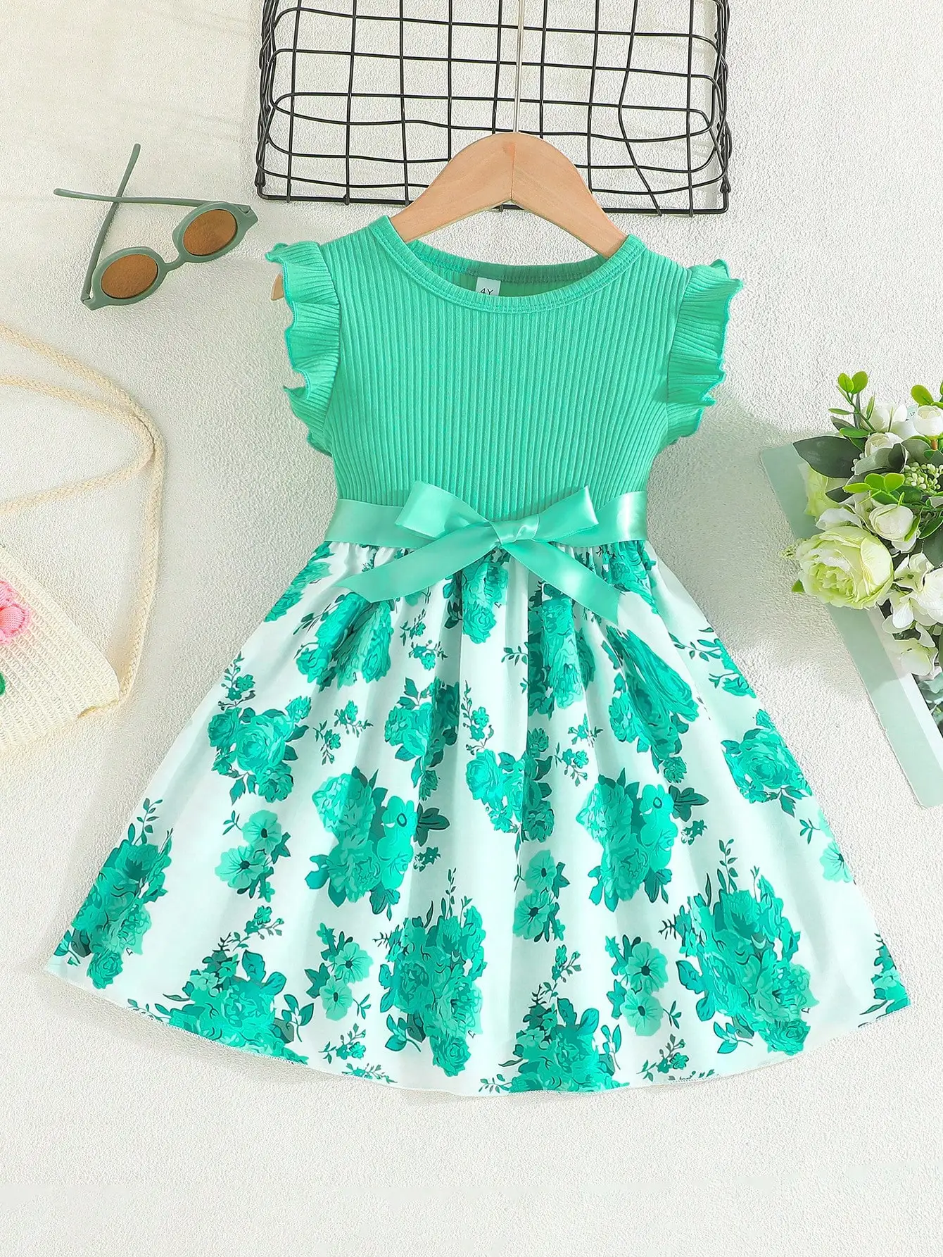 

Young Girl Summer New Ruffled Sleeve Ribbed Splice Cute Watermelon Print Fashion Dress