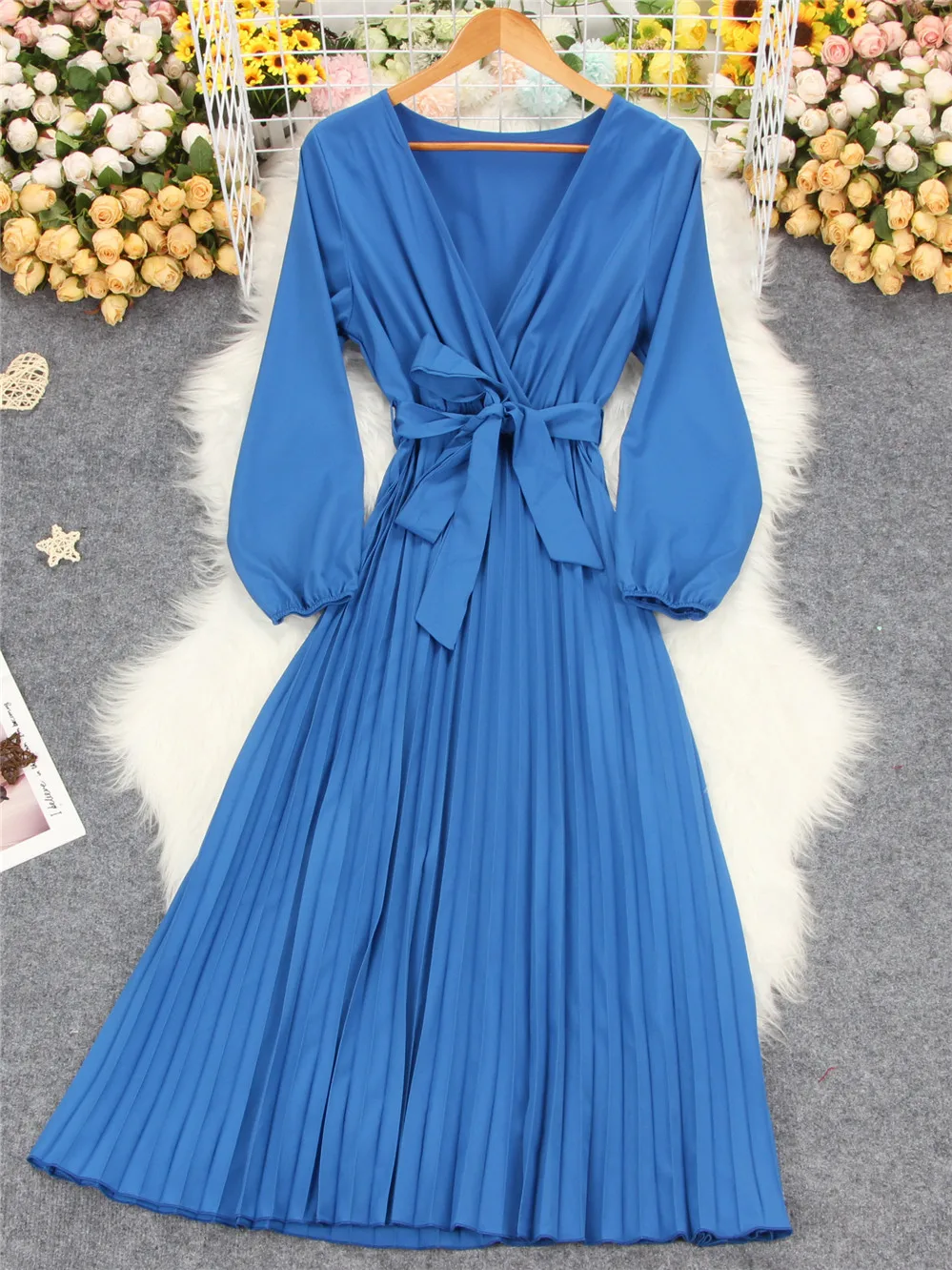 Solid Color V Neck Cross Long Pleated Dress Women Causal Spring Autumn Dress