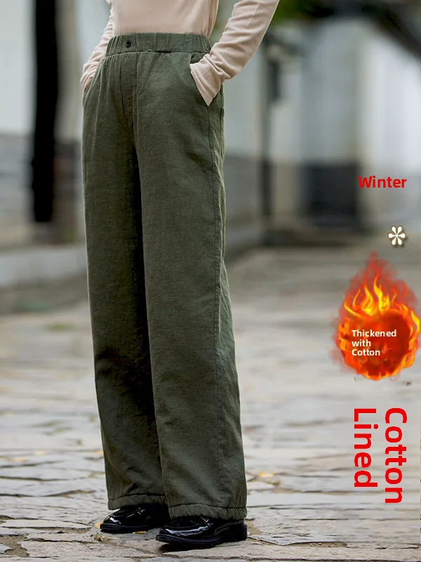 المرأة Thiened الكتان القطن مستقيم الساق السراويل الشتاء الدافئة ملابس خارجية غير رسمية بنطلون مريح فضفاض صالح السراويل الطويلة