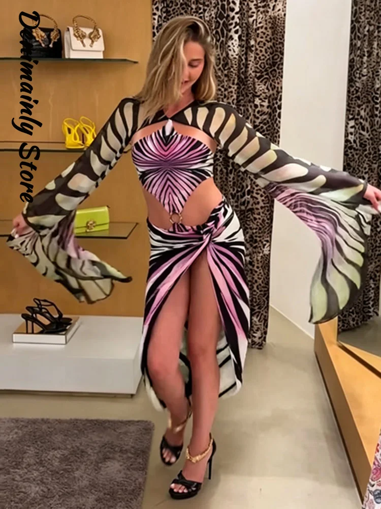 Sexy Women's Printed Skirt 3 Piece Set Lace Up Backless Jumpsuit Long Bat Sleeve Short Top Irregular Skirts 2026 Lady Beach Suit