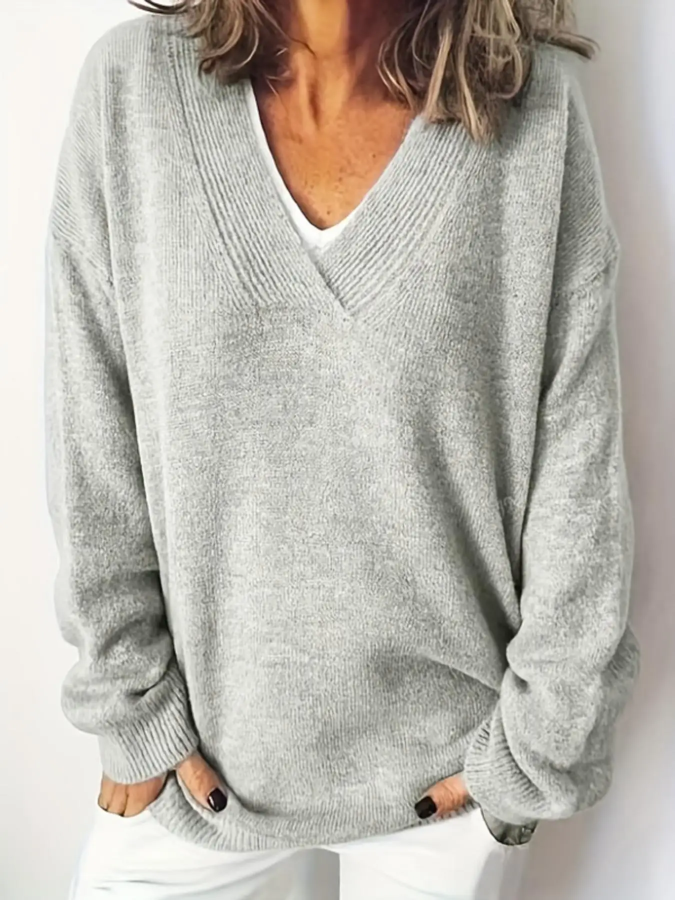 

New Casual Loose Women's Pullover Daily Versatile V Neck Pure Color Simple Autumn and Winter Warm Plus Size Women's Sweater