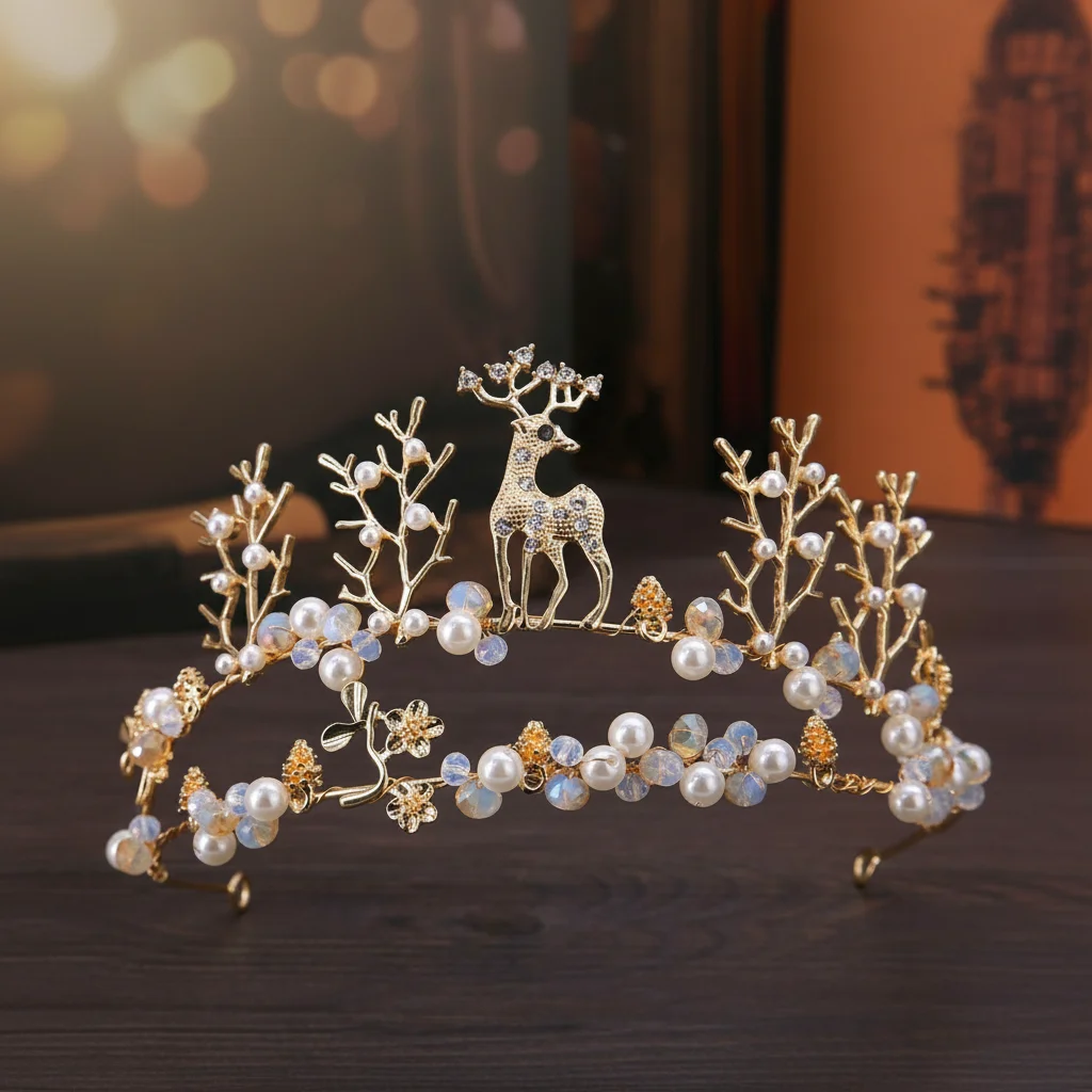 Princess Crown Elegant Birthday Party for Girls Beads Deer Headband Flower Hair Accessories Kids Performance Hairbands Ornaments