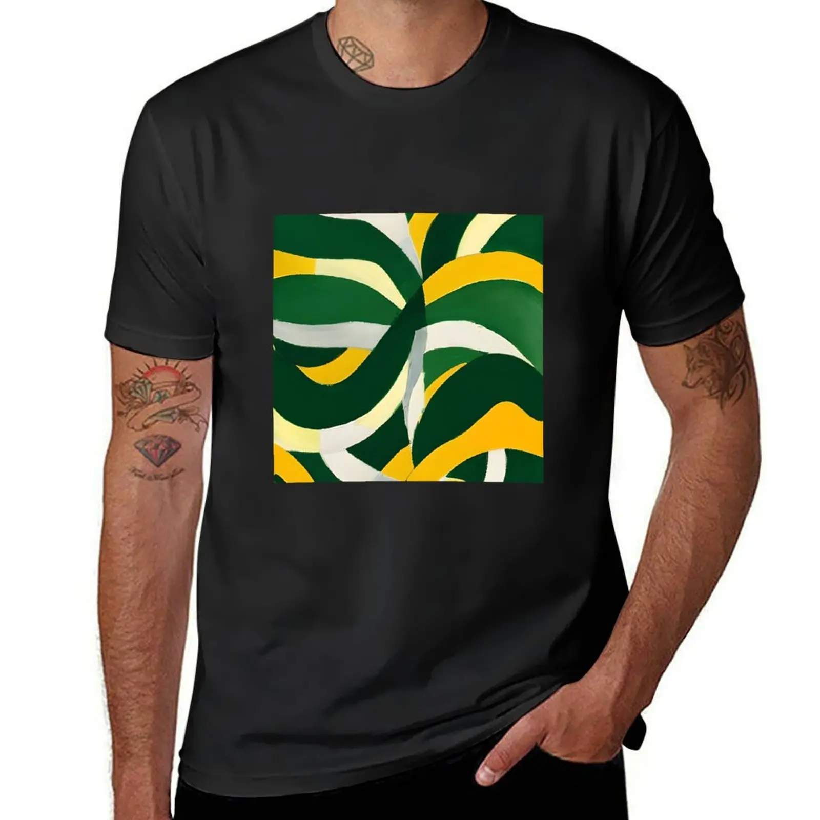 Abstract Geometric Stripes - Green, Yellow, White. T-Shirt quick drying customizeds summer top t shirts for men pack