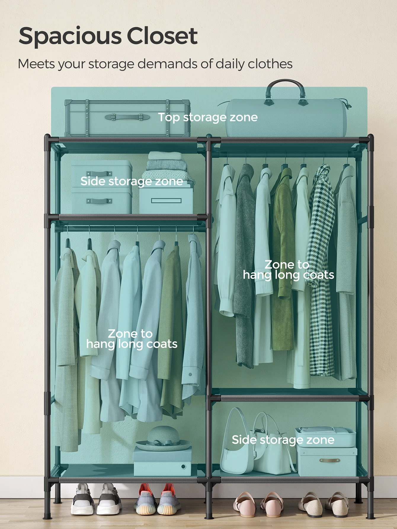 SONGMICS 74.8" H Garment Rack, Clothing Rack, Portable Closet Wardrobe With Hanging Rails And Shelves, Total Load 242 Lb, Eas image 2