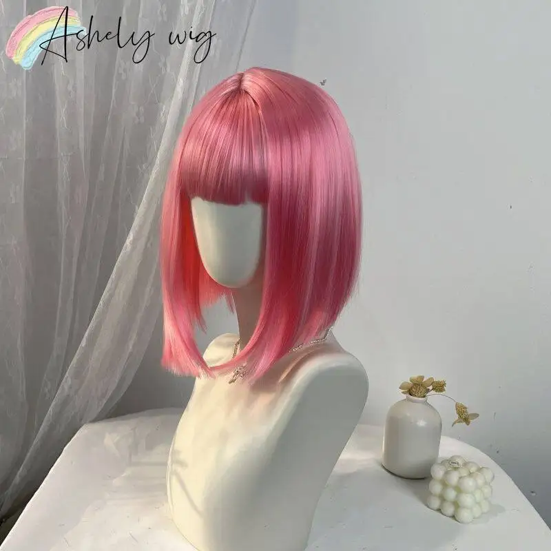 Pink Wig with Bangs 12inch Short Bob Wig Cute Straight Wigs High Temperature Fibers Shining Lolita Synthetic Wigs for Cosplay