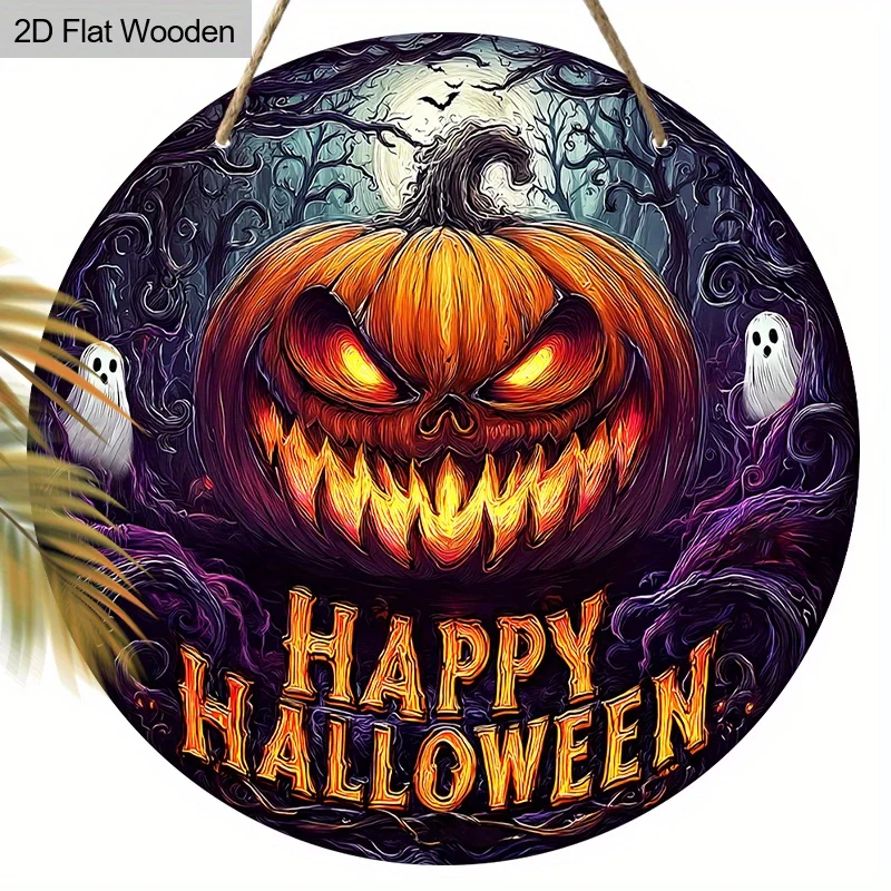 2D Flat - 1pc 2D Flat Wooden Sign Featuring a Spooky Pumpkin Light for Halloween Decoration, Perfect for Adorning Your Front Doo