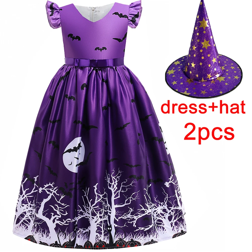 

Halloween Ghost Pumpkin Print Costume for Girls Carnival Bat Purple Bow Birthday Party Dresses Gothic Cosplay Prom Kids Clothing