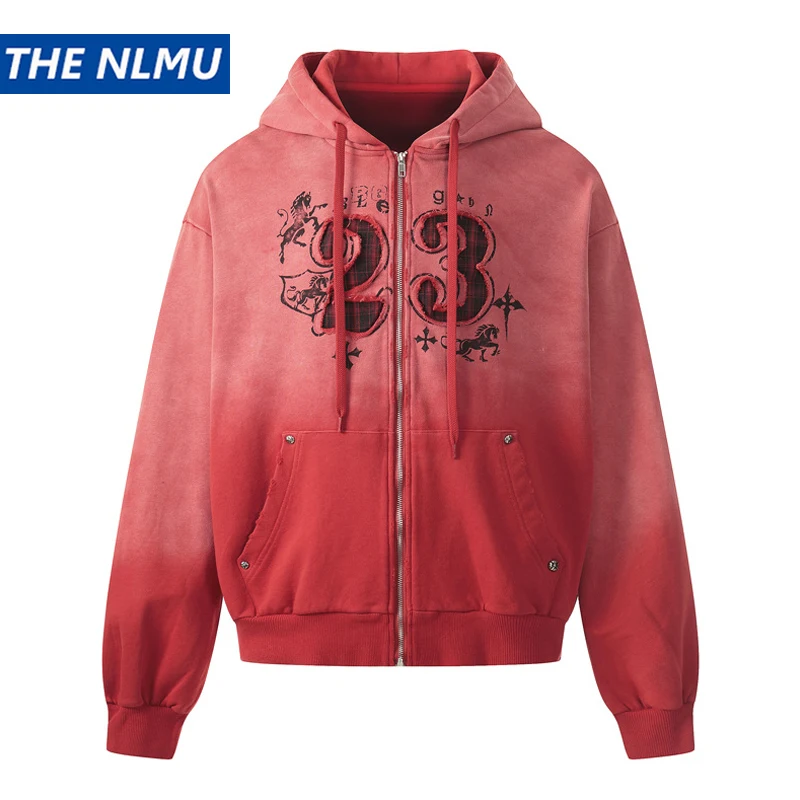 

Vintage Washed Gradient Hoodie Hooded Zip-Up Sweatshirt for Men High Street Distressed Loose Fit Coats Y2k Clothing