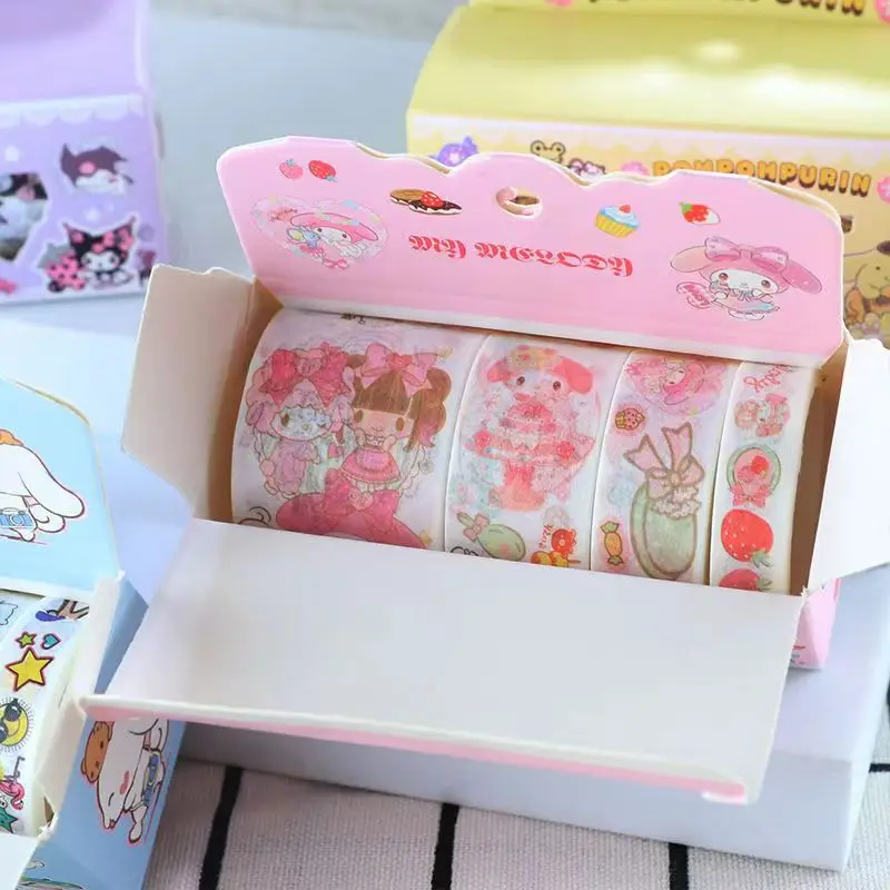 New Cartoon Sanrio DIY Mymelody Pompom Purin Washi Tape Cute Roll Sticker Set (1 Box of 4 Rolls)