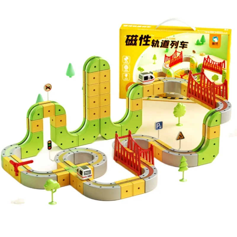 รถไฟฟ้ารุ่นใหม่ปี 2025 แบบแม่เหล็ก วิศวกรรมรางแม่เหล็ก ของเล่นประกอบสำหรับเด็ก เป็นของขวัญวันเกิด
