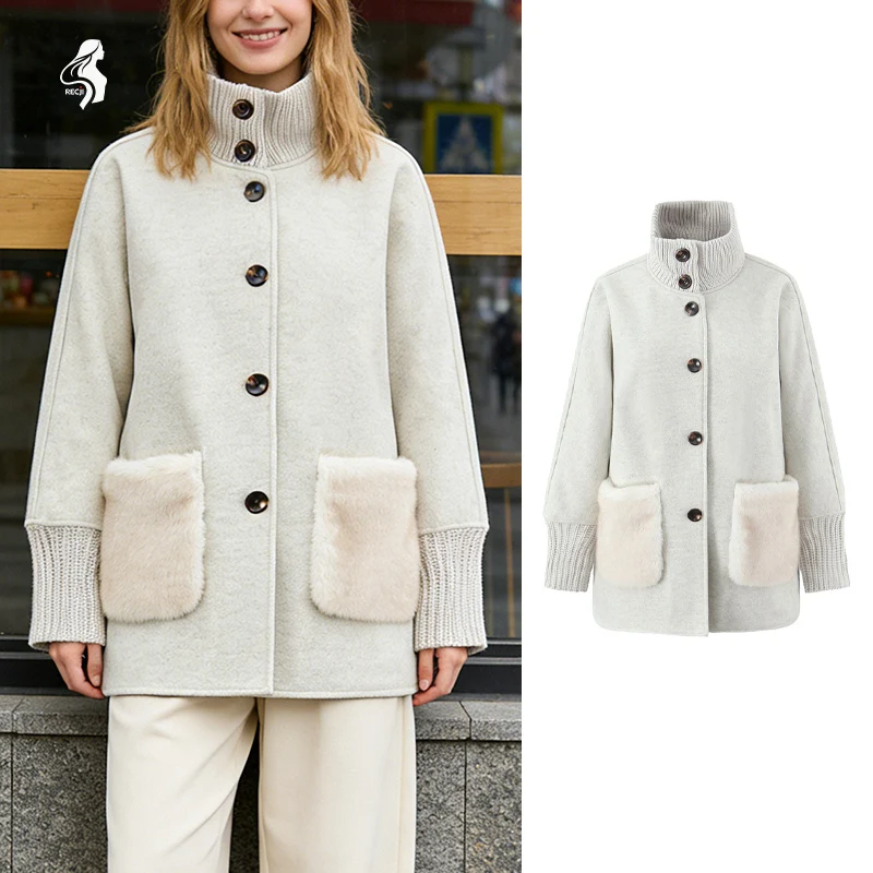 

Womens Autumn And Winter High Neck Wool Coat With Plush Pockets And Ribbed Cuffs Elegant Mid Length Work Coat Woman Clothes Tops