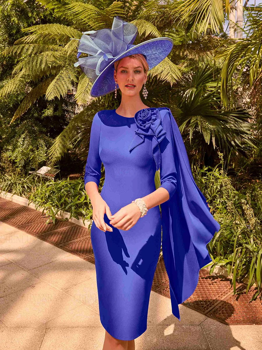 

Exquisite Satin Mother of the Bride Dresses 2025 O-Neck Short Wedding Guest Gown 3D Flower Elegant Dress Women for Wedding Party