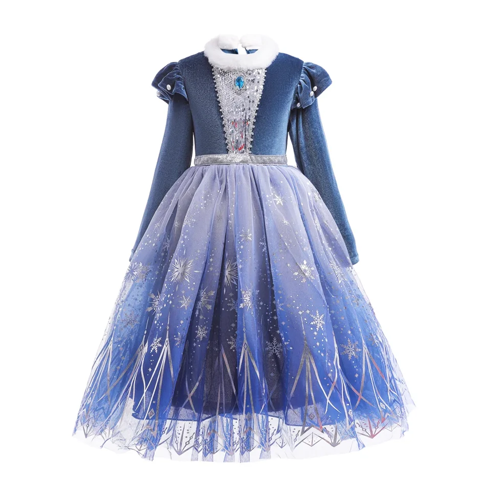 2026 Princess Winter Costume Full Sleeve Warm Velvet Bodice Kid Snow Queen Cosplay Elsa Inspired Movie Role Play Apparel Gown