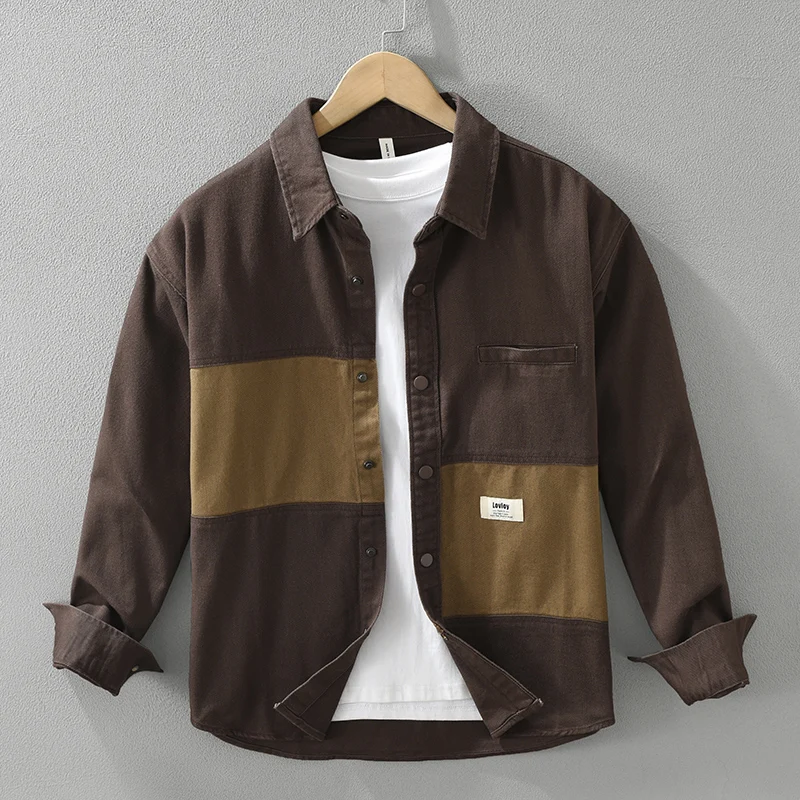Japanese American Splicing Contrast Color Long-sleeved Shirt Men's Thin 2026 Spring Autumn New Workwear Casual Jacket T-Shirts