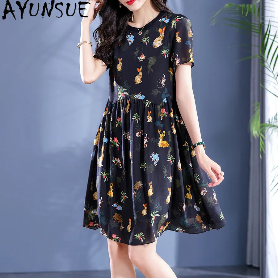 AYUNSUE 100% Mulberry Silk Women's Dresse Print Elegant Dress Woman Clothes High Quality Summer New in Dresses Vestidos De Mujer