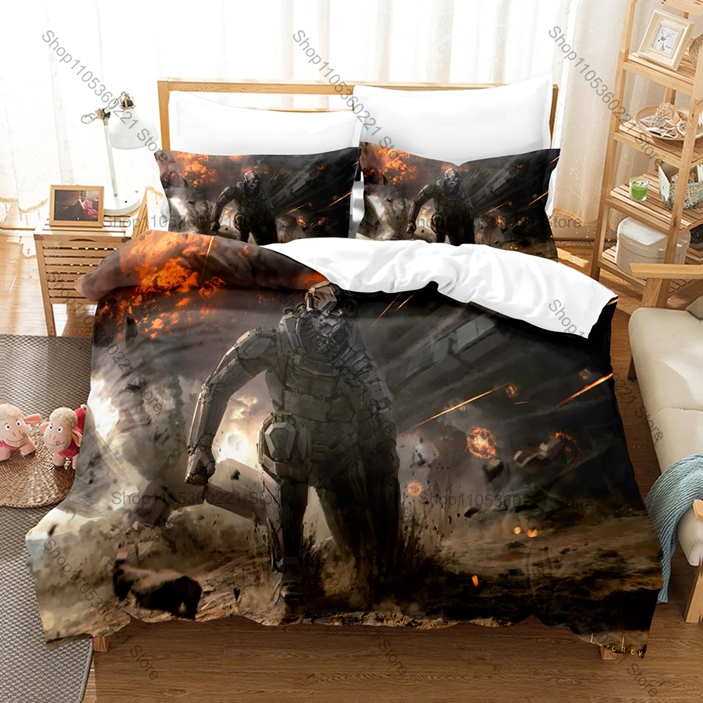 Futuristic Sci-Fi Warrior Bedding Set with Duvet Cover and 2 Pillowcases, Cool Space Fighter Graphic Print Breathable Fabric