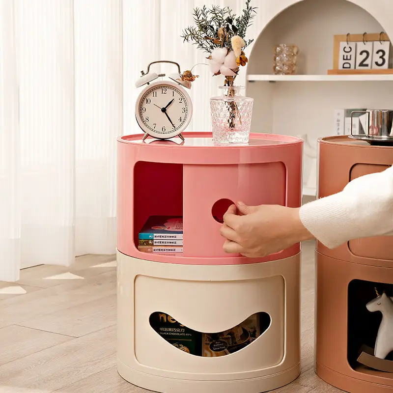 Double Tier Storage Cabinet ,Smiling Face Bedside Table ,Living Room Small Round Cabinet with Sliding Door ,Plastics Bed Cabinet