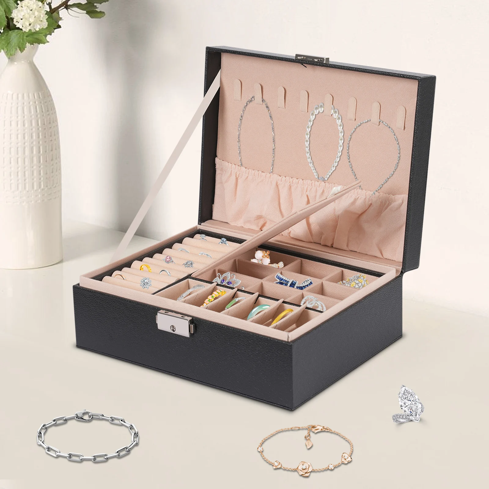 

Черная шкатулка-органайзер для украшений, мягкий бархатный держатель для колец, серег, ожерелий, идеальный подарок на день рождения
