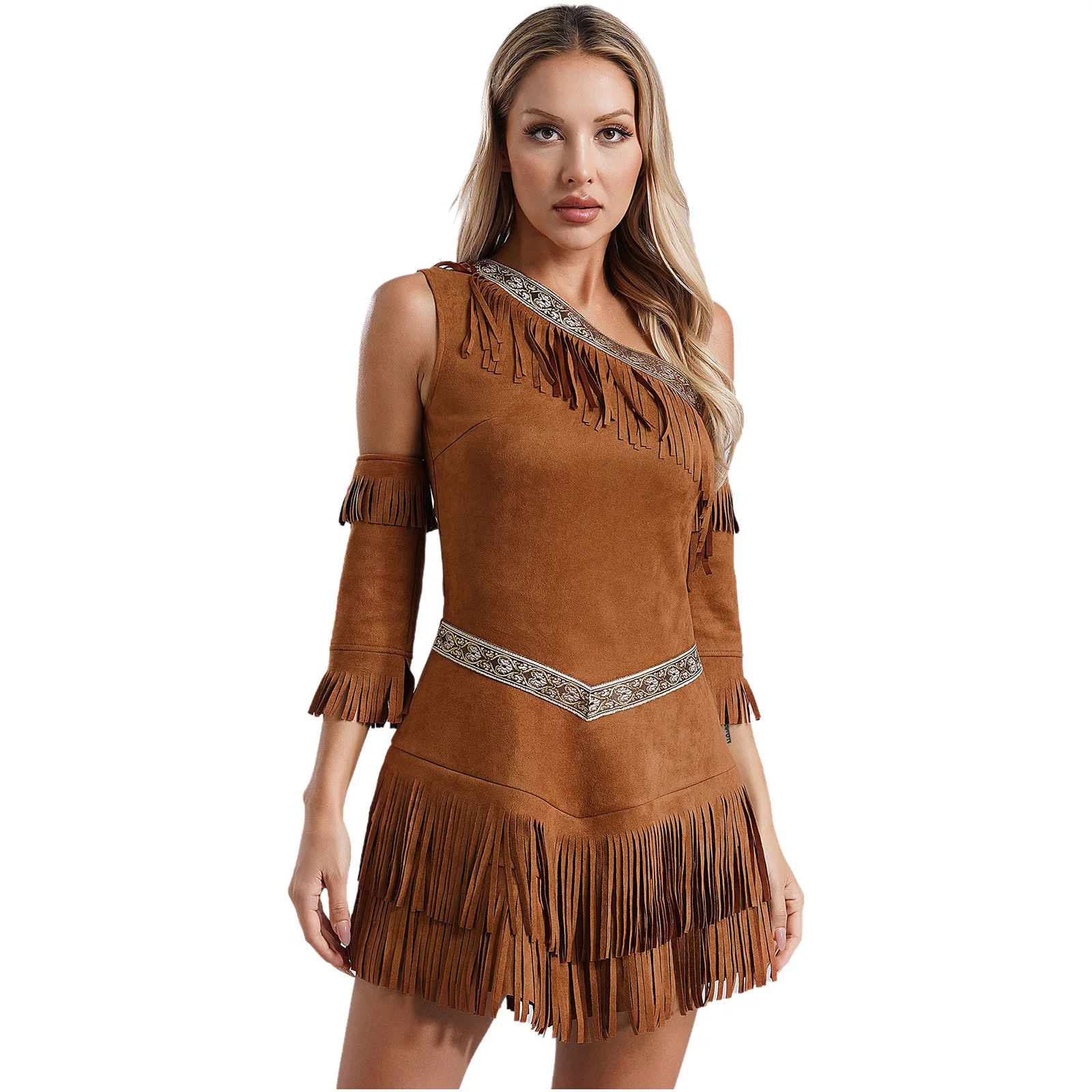 Indian Indigenous Costumes for Womens Savage Halloween Cosplay Aboriginal Outfit Hunter One Shoulder Sleeveless Fringe Dress