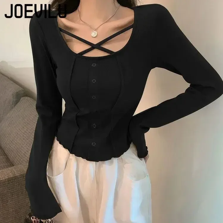 Cross Exposed Collarbone Long Sleeved T-shirt Women's Slim Open Navel Crop Tops Spring and Autumn Patchwork Korean Sexy Y2k Tee