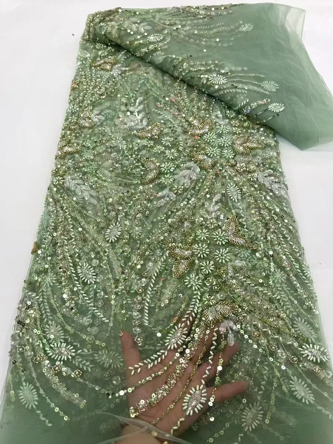 Latest Green African Lace Fabric 2024 Luxury French Sequins Mesh Lace Fabric High-end Handmade Beaded For Wedding Dress