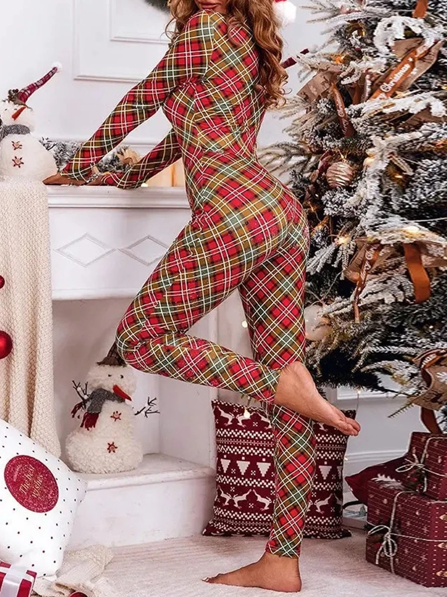 Women Christmas Pj Jumpsuit Long Sleeve Crew Neck Plaid/Snow Button Closure Bodysuit Loungewear Pajama Sleepwear