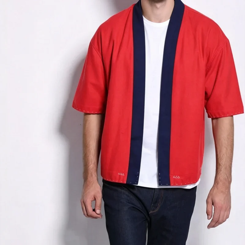 Wool Linen Cotton Men's Loose Haori Kimono Jacket, Casual Open Front Short Sleeve Thin Coat, Comfortable Streetwear Outerwear