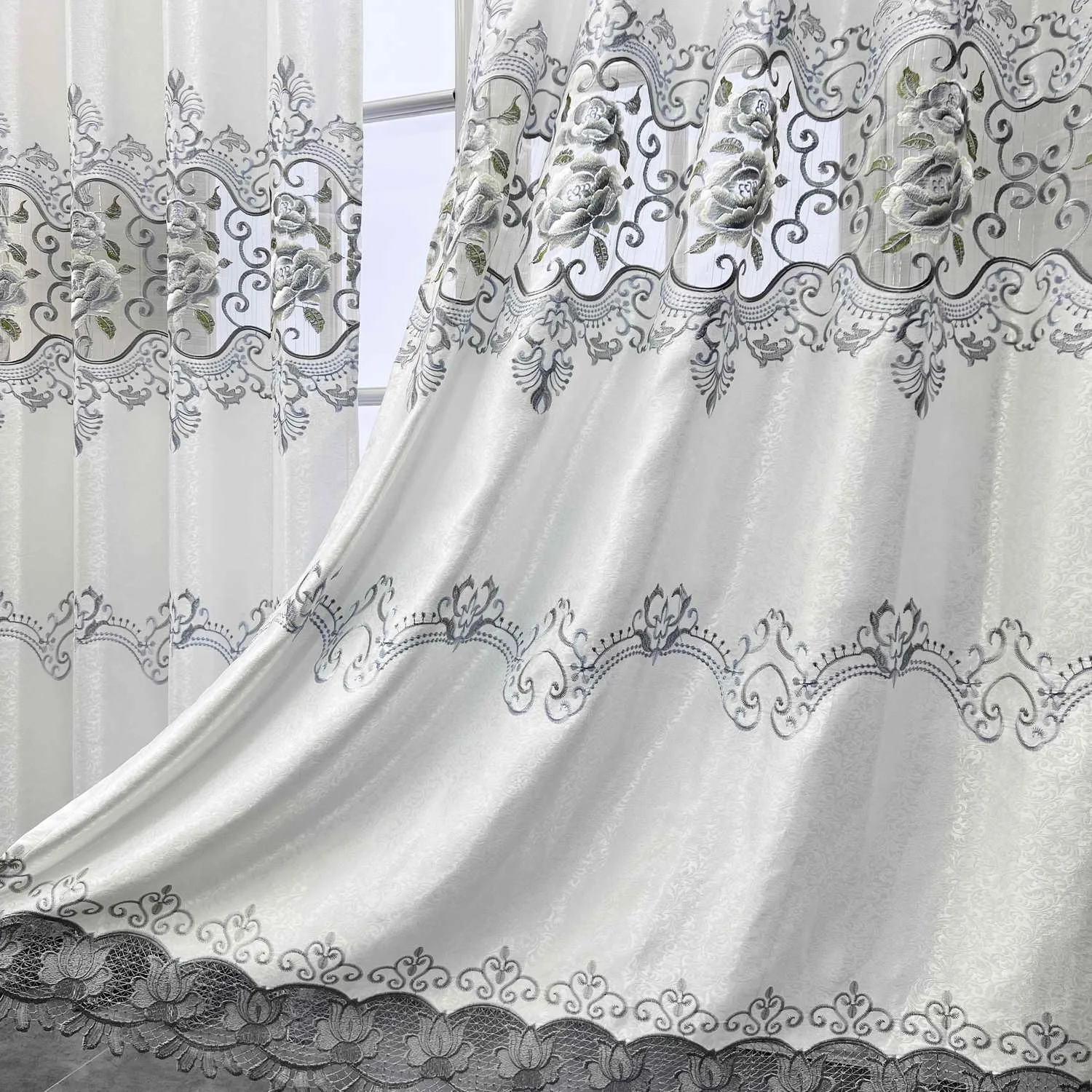 1PC Luxury Hollow Embroidery Floral Curtain for Living Room European Chenille Semi-Shading French Window Panel Cloth Drape #E