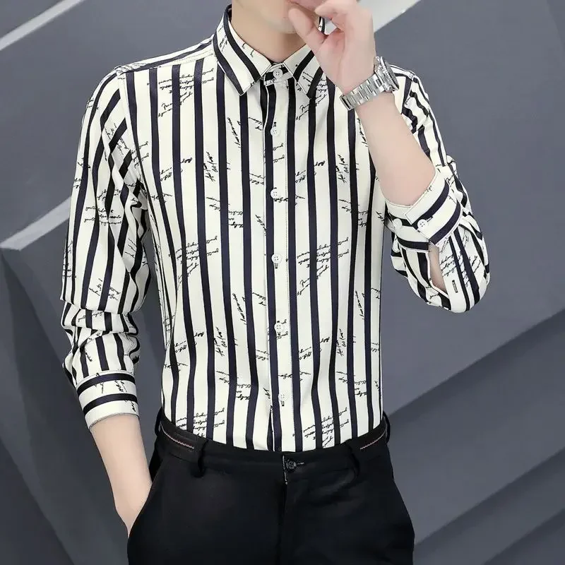 

Button Striped Man Office Lady Shirts Turn-down Collar Temperament Handsome Formal Fashion Casual Men's Clothing Spring Summer