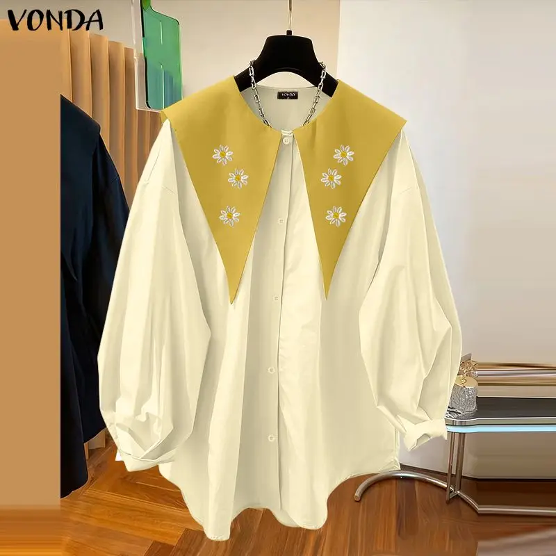VONDA Fashion Floral Embroidery Shirts Women Long Sleeve Lapel Elegant Blouses Spring Casual Loose Tunic Tops Vintage Blusas