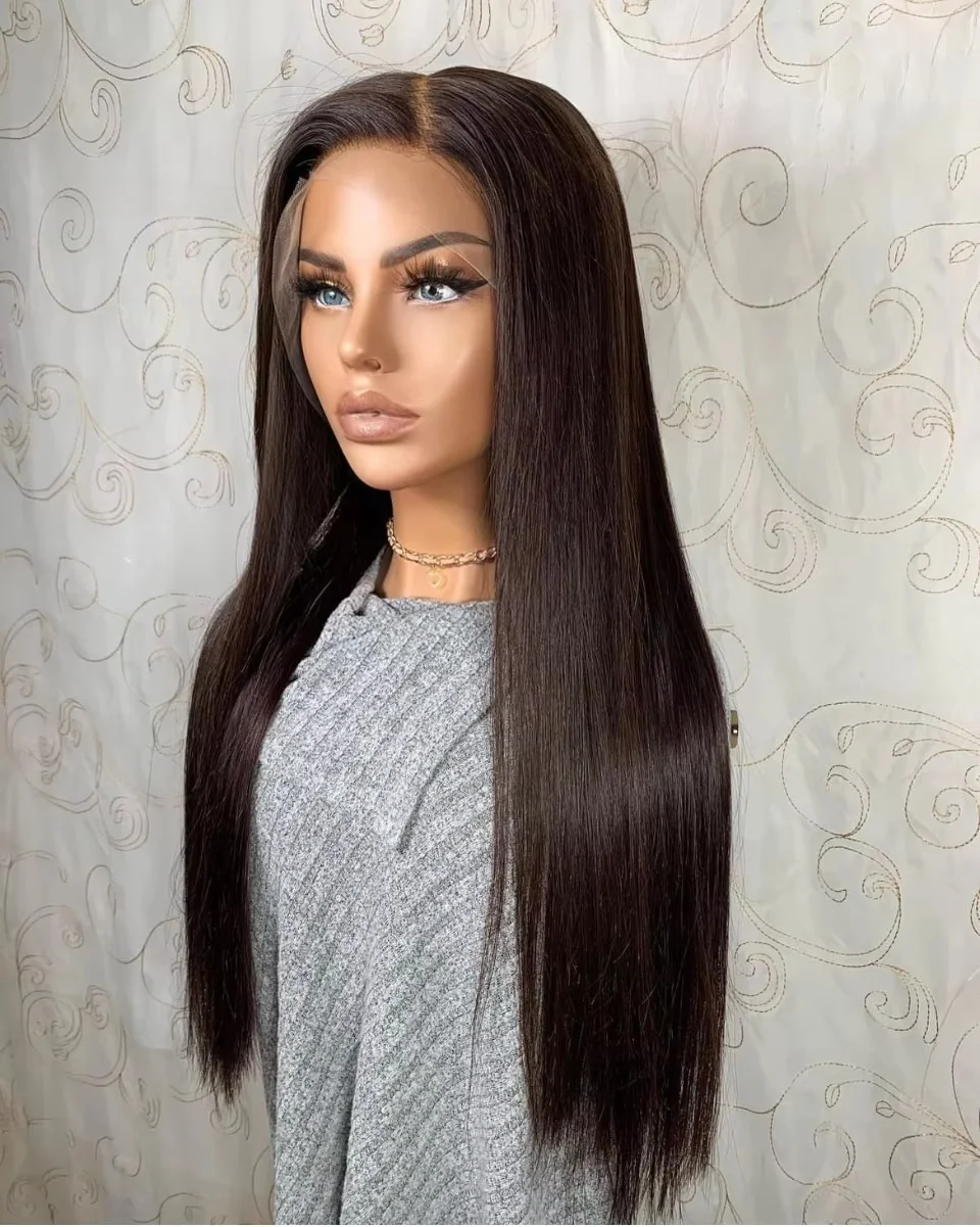 Dark Brown Wig Bone Straight Lace Front Wig 13x4 HD Transparent Synthetic Tiny Knots Pre Plucked Heat Resistant Daily perruque