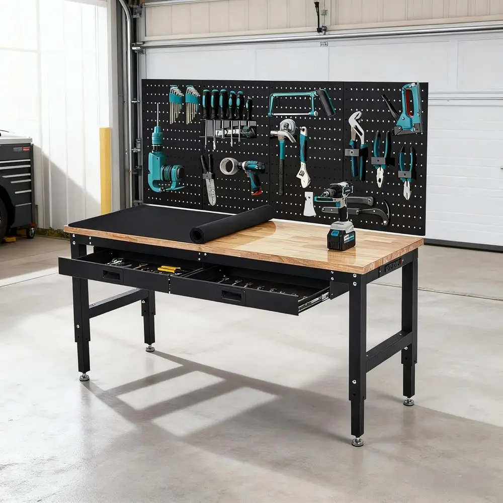 60 Inch Adjustable Work Table, 3000 Lbs acity Rubber Wood Tabletop Workbench, Heavy Duty Work Bench Table with 2 Ders & Pegboard