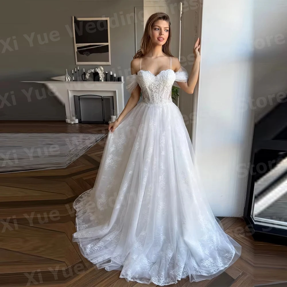Romantic A Line Women's Off The Shoulder Lace Appliques Wedding Dresses Vestido De Novia Bride Gowns Customized Robe De Mariée