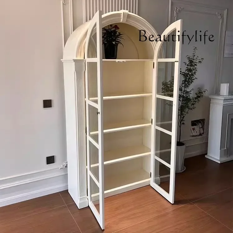 

J SS American Solid Wood Bookcase Light Luxury Floor Bookshelf Decorative Wine Cabinet Nordic Side Cabinet French Retro Arch