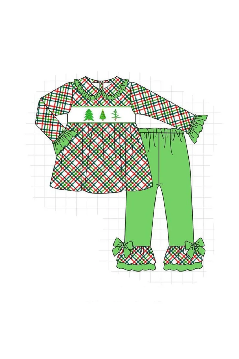 

Christmas Cartoon Print Girls Autumn Lapel Bell Sleeve Long Sleeve Top Green Bell Pants Boutique Suit