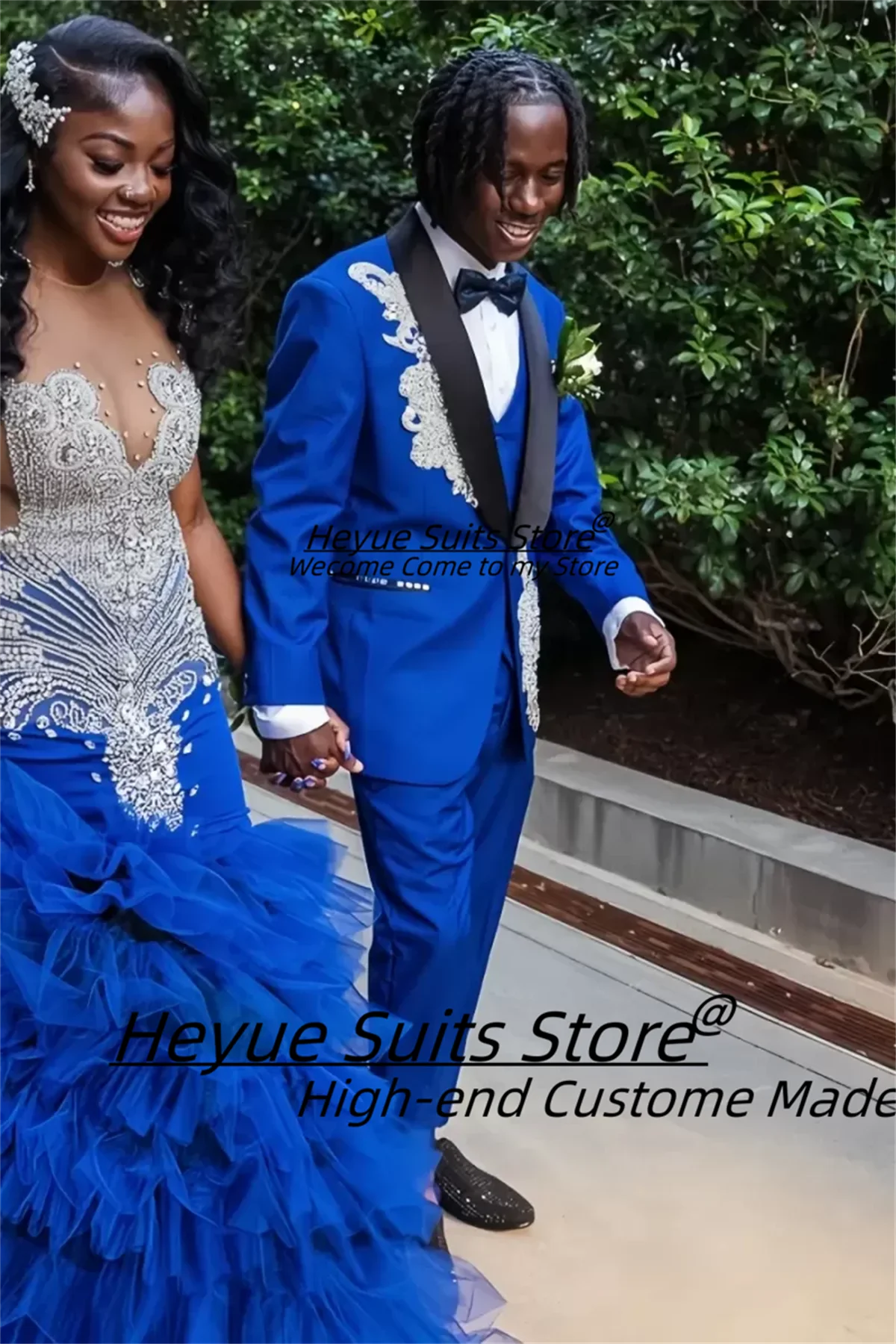 Shiny Luxurious Beading Groom Wedding Tuxedos Customized Bespoke Royal Blue Three Pieces Shawl Lapel Prom Men Suits Ropa Hombre