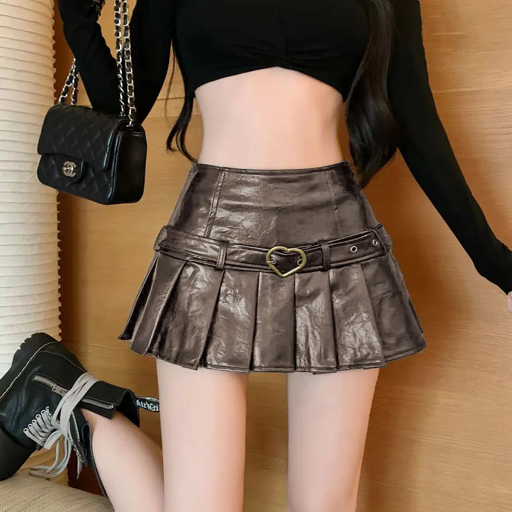 

2025Retro Gothic Black Mini Skirts For Women Harajuku Y2k Hot Girl PU Leather Pleated Skirt Slim High Waist Bag Hip Skirts Trend