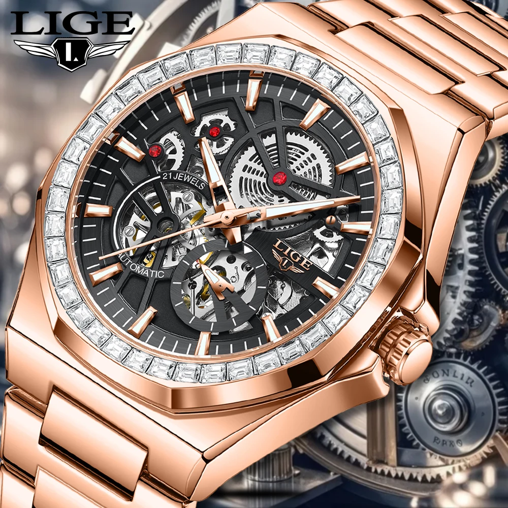 

LIGE Band Высококачественные роскошные мужские часы с автоматическим механизмом, восьмиугольные мужские часы из нержавеющей стали, механические мужские наручные часы со скелетом