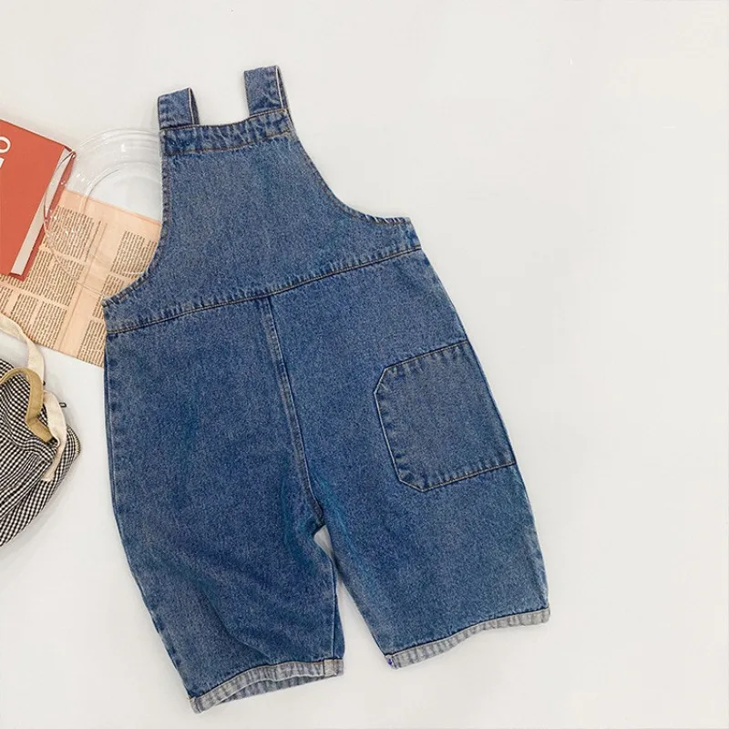 2024 Spring Autumn Kids denim jumpsuit Boys and girls solid color loose all-match denim overalls children bib pants