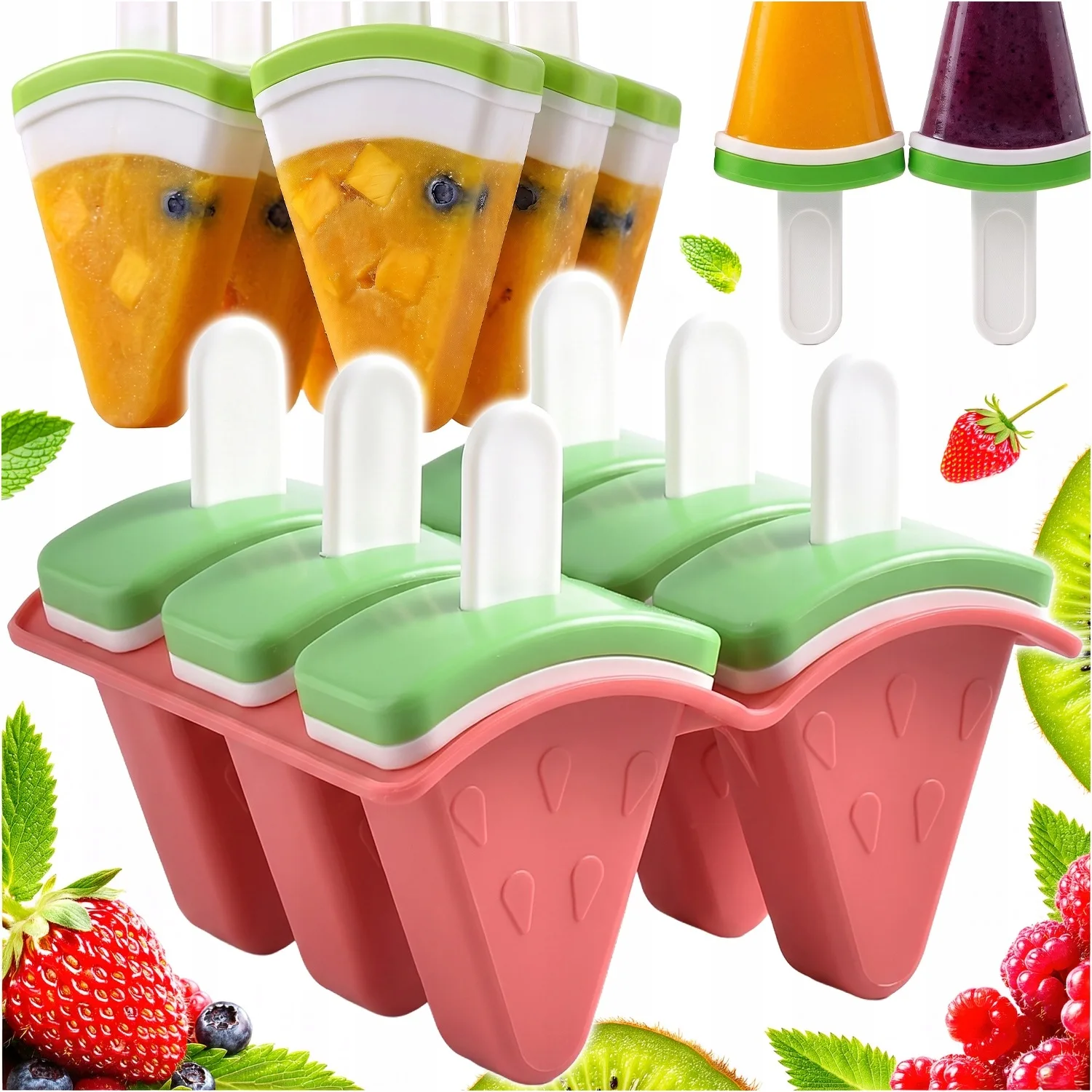 Watermeloen ijslollyvormpjes, set van 6 met stokjes, voor zelfgemaakte ijsjes, sorbet, doe-het-zelf, zomerse bevroren lekkernijen voor kinderen, leuke food-grade, BPA-vrij, herbruikbaar, praktisch