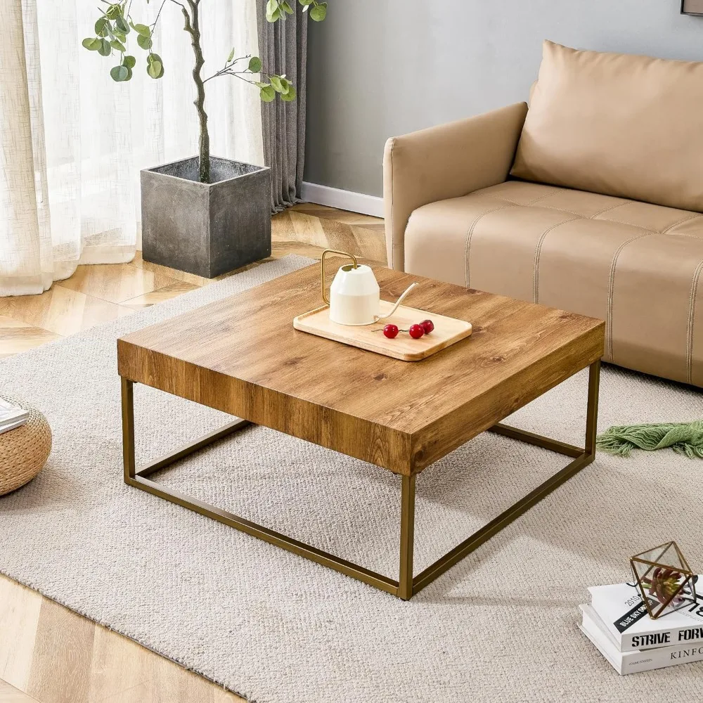 Modern 31.5 Square Coffee Table with Metal Legs and Wooden Top for Living Room and Dining Area